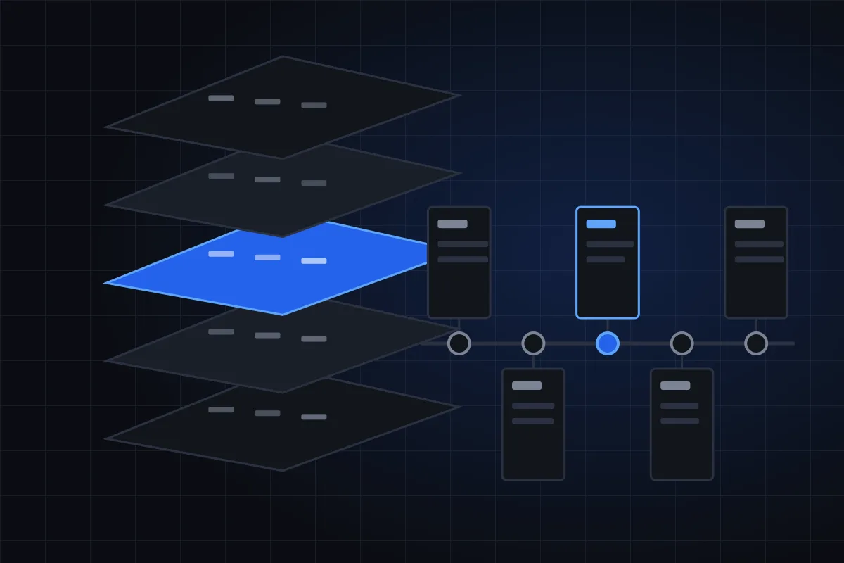 Illustration of stacked technology layers above a milestone timeline in brand blue