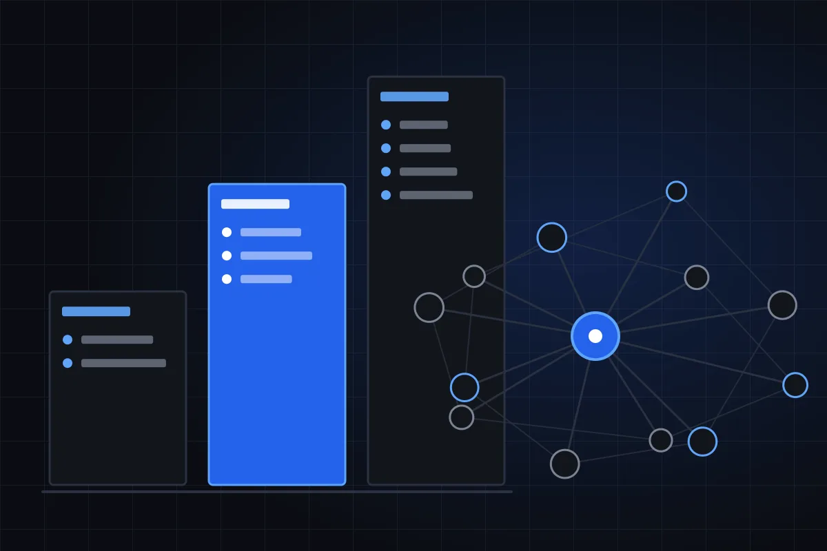 Illustration of three rising plan blocks next to a connected network of nodes
