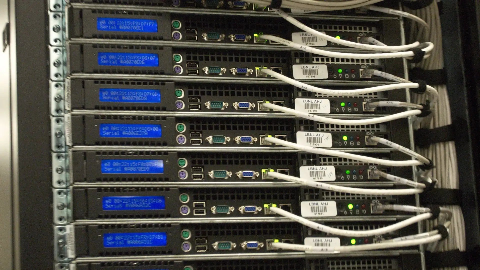 Orderly rack of labeled servers with neatly bundled network cables