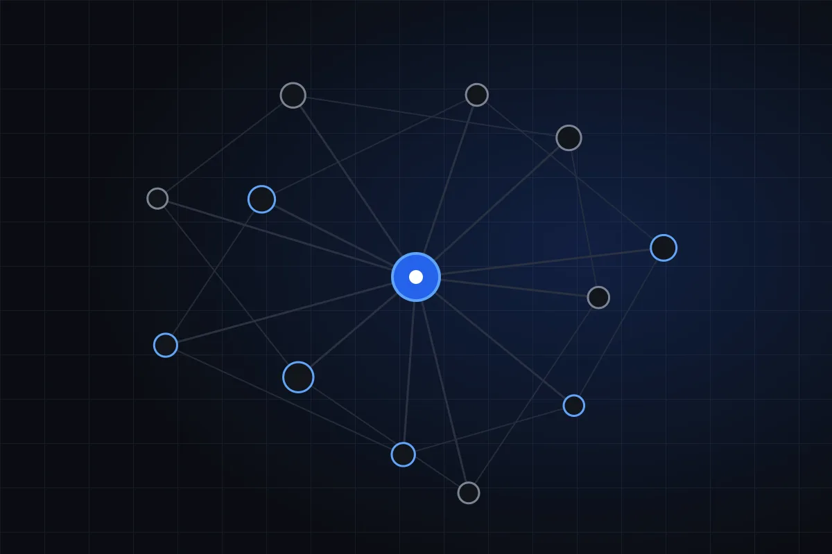 Illustration of a connected network of nodes around a central blue node
