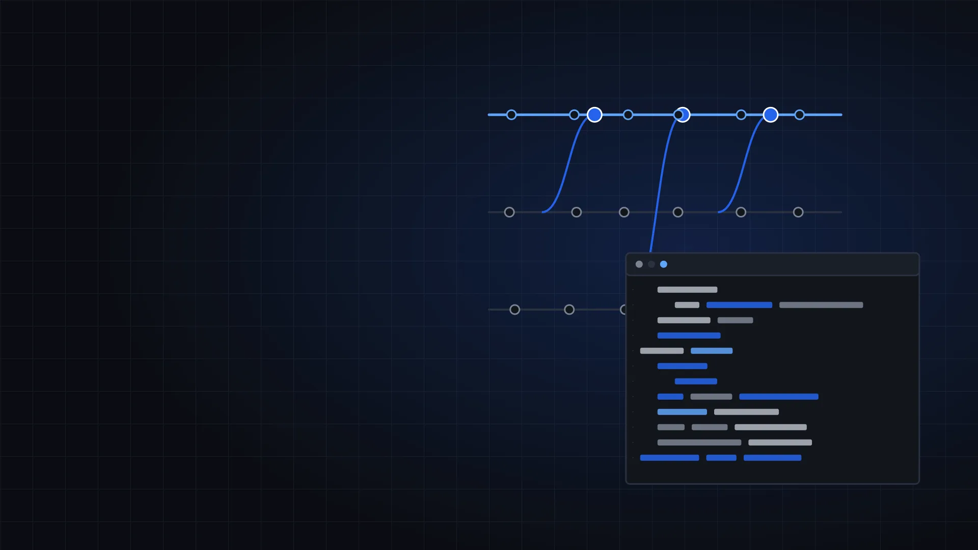 Illustration of branching commits merging into a main line next to a code window