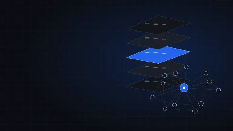 Illustration of stacked layers connected to a network in brand blue