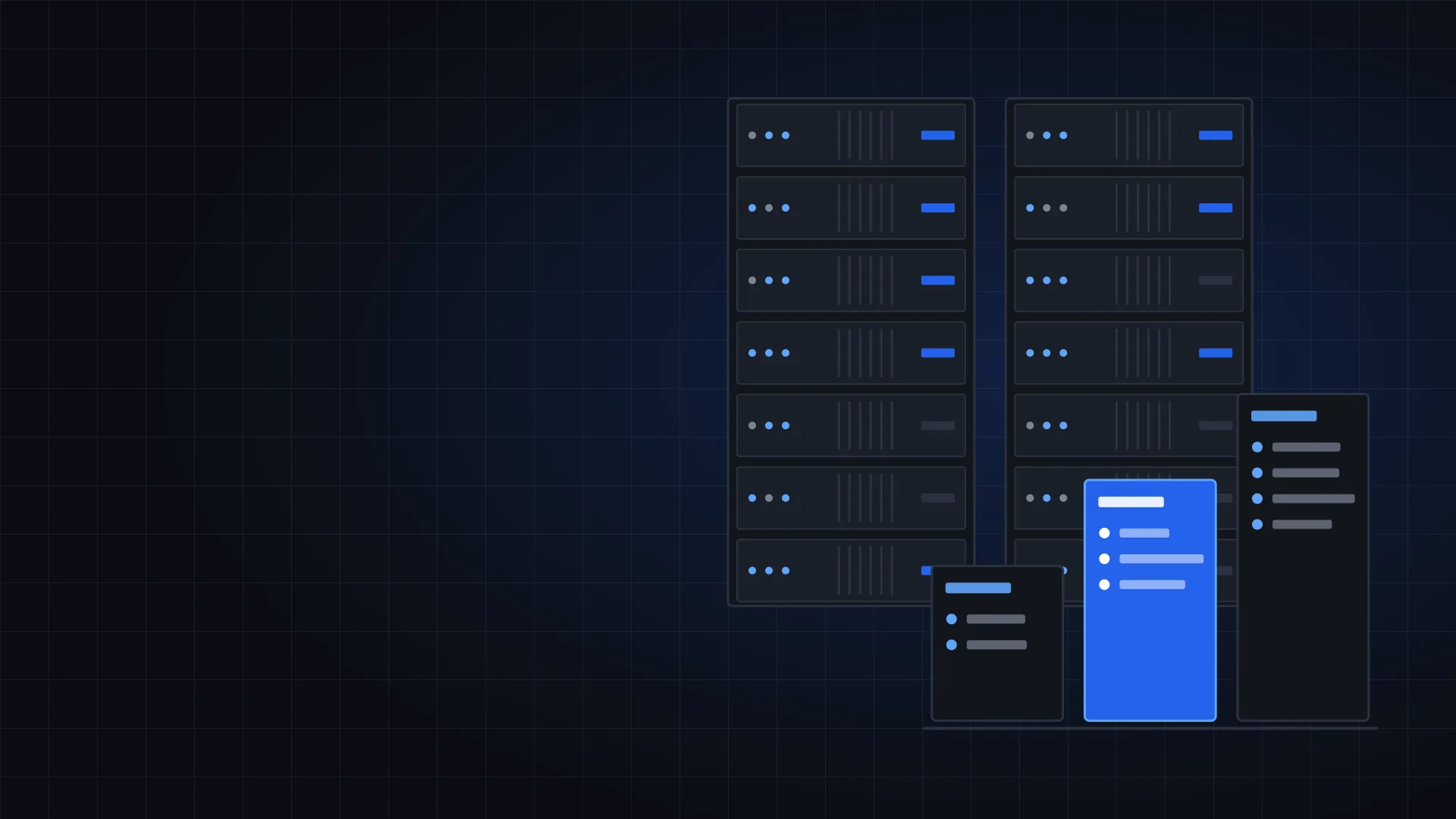 Illustration of two server racks and a monthly support plan breakdown in brand blue