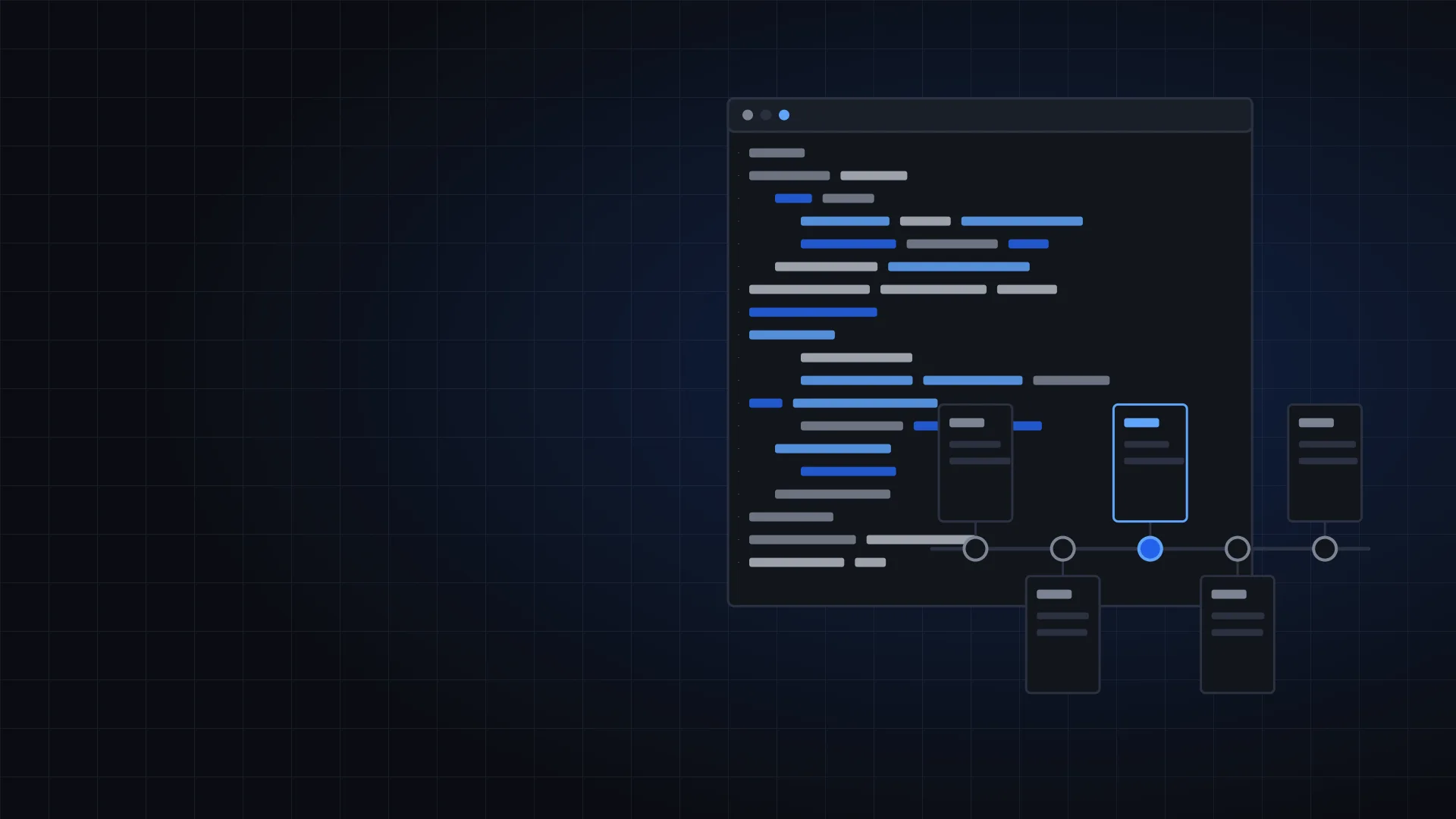 Illustration of a code window and a repair timeline in brand blue
